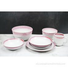 Dinner Stoneware Glazed Reaktif Set dengan Rim Merah Muda